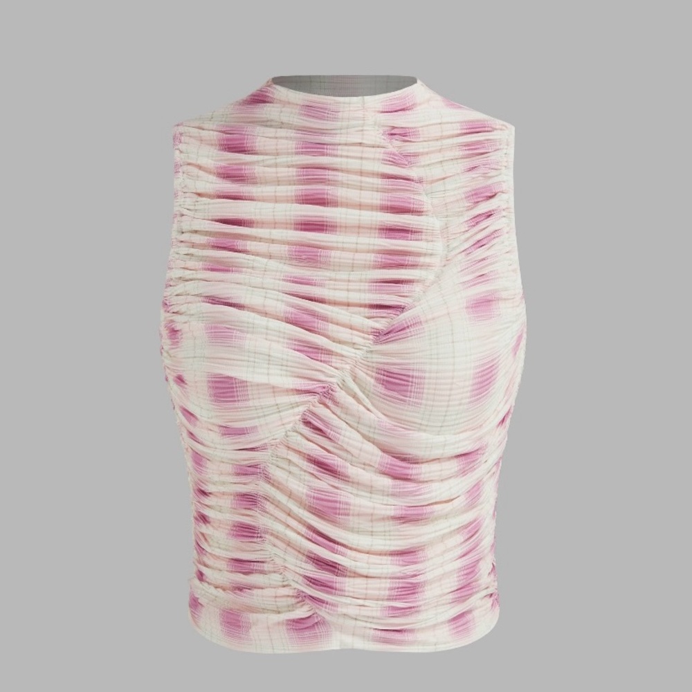 Pink and White Ruched Sleeveless Top